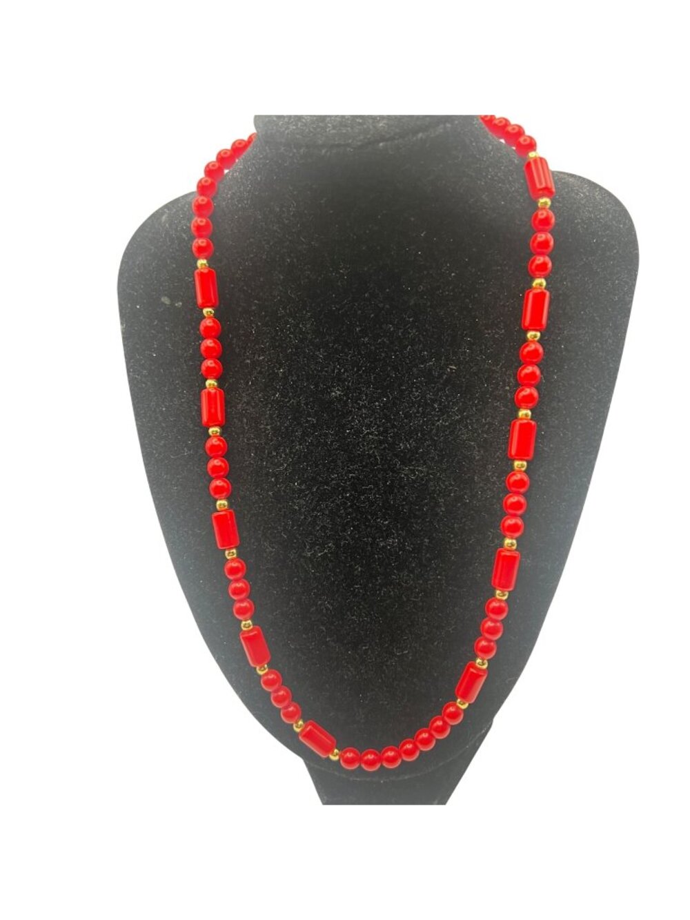 Vintage Monet 18" Red Acrylic Beaded Necklace Gold-Tone Accents Sister Clasp